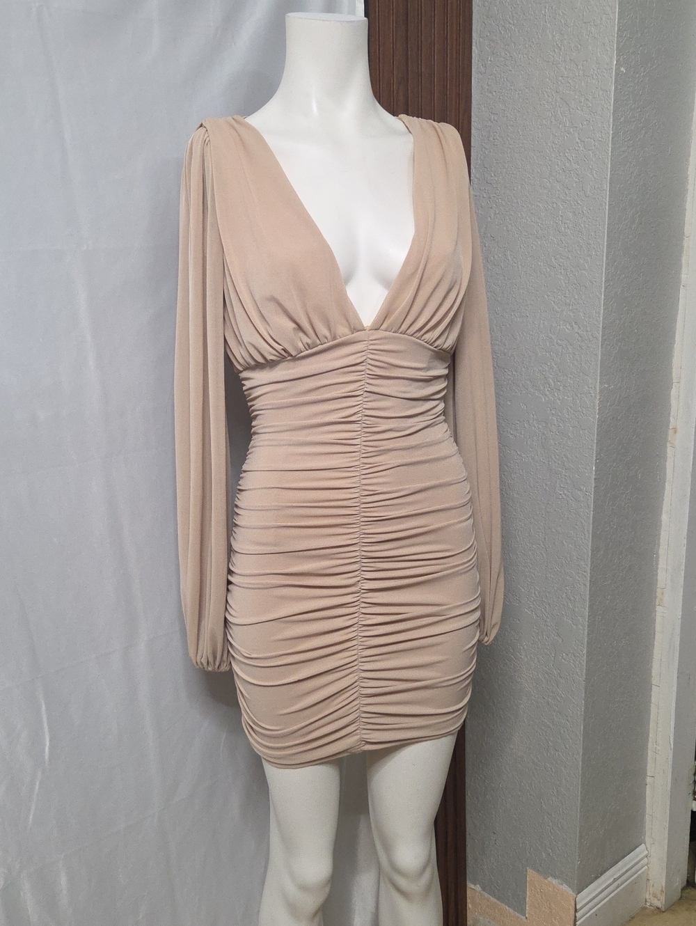 Nude Ruched Deep V Long Sleeve Bodycon Dress Size 2